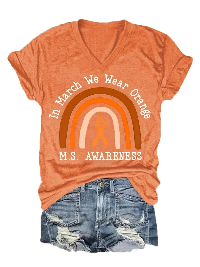 Women's In March We Wear Orange For Multiple Sclerosis Awareness V-Neck Tee socialshop