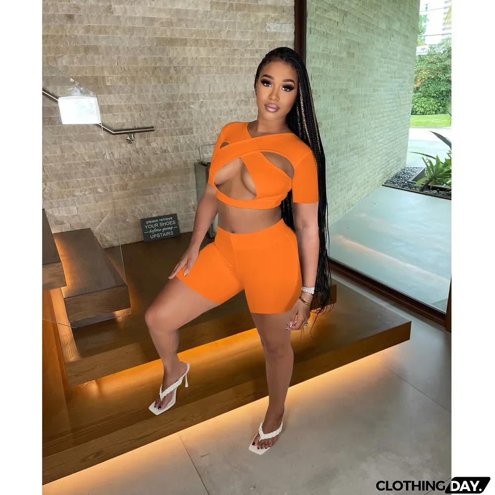 Sexy Hollow Out Crop Tops And Shorts Two Piece Set