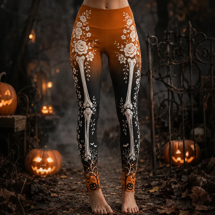 Women's Vintage Halloween Gradient Skeleton & Rose Art Leggings