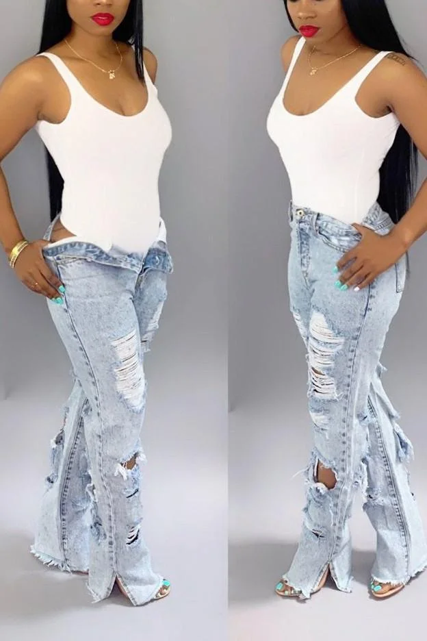 Fashion Front And Rear Shredded Jeans