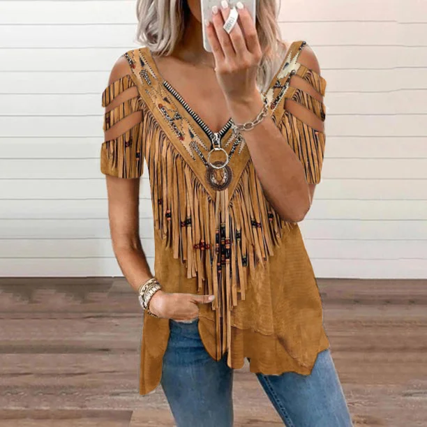 Women's Vintage Tassels Art V Neck Hollow Out Casual T-Shirt