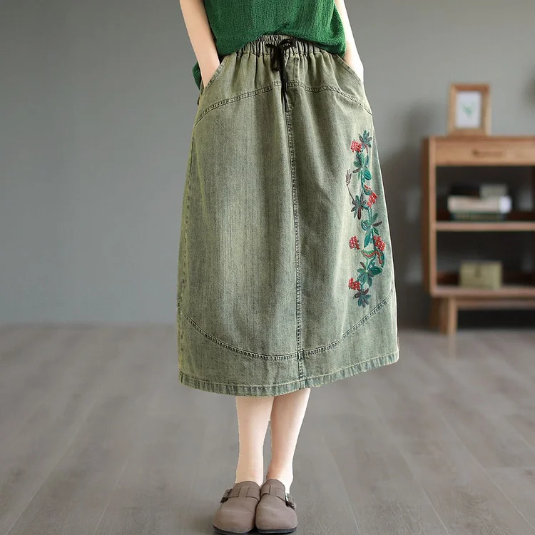 Summer Retro Embroidery Cotton Denim Skirt