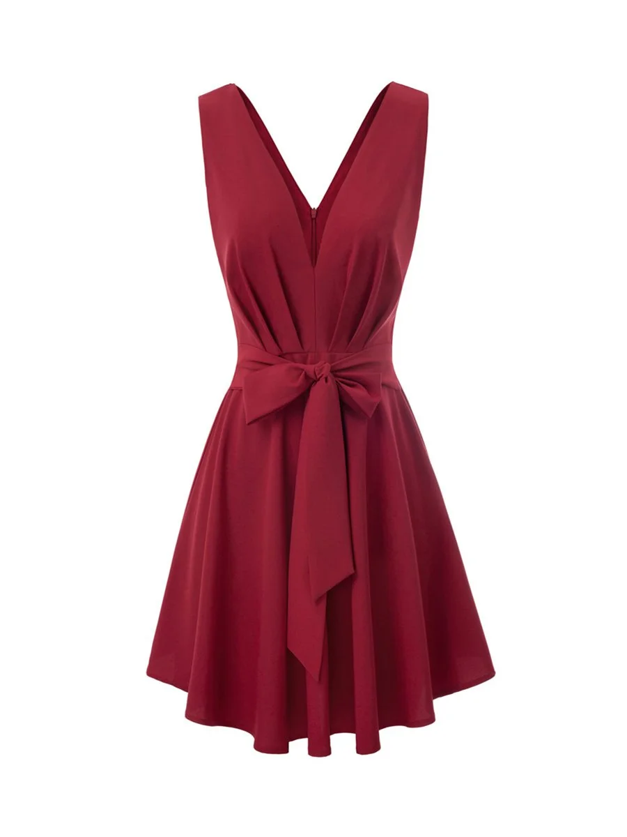 Sexy V-Neck Party Dress Tie Front Ruched Swing Dress