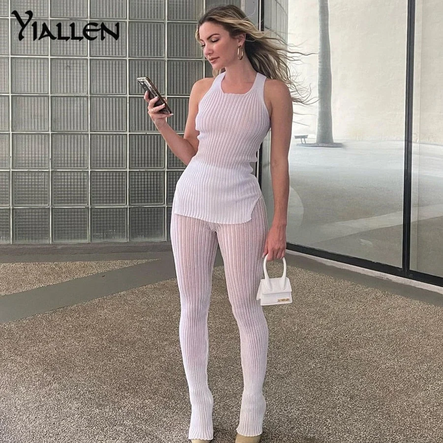Yiallen Solid Knitted Two Piece Set Women See Through Skinny Casual Top+Pant Matching Outfits Active Streetwear Clothing Hot