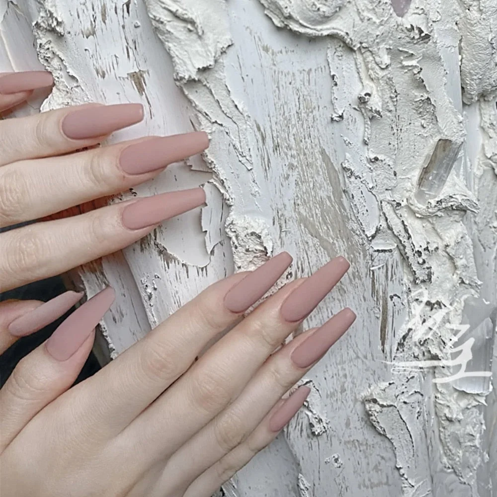 24pcs/box matte False Nail Tips With Glue pink color long Ballerina Nails detachable  Press on Nails Art Fake nails Stickers TY-Nail Inspo