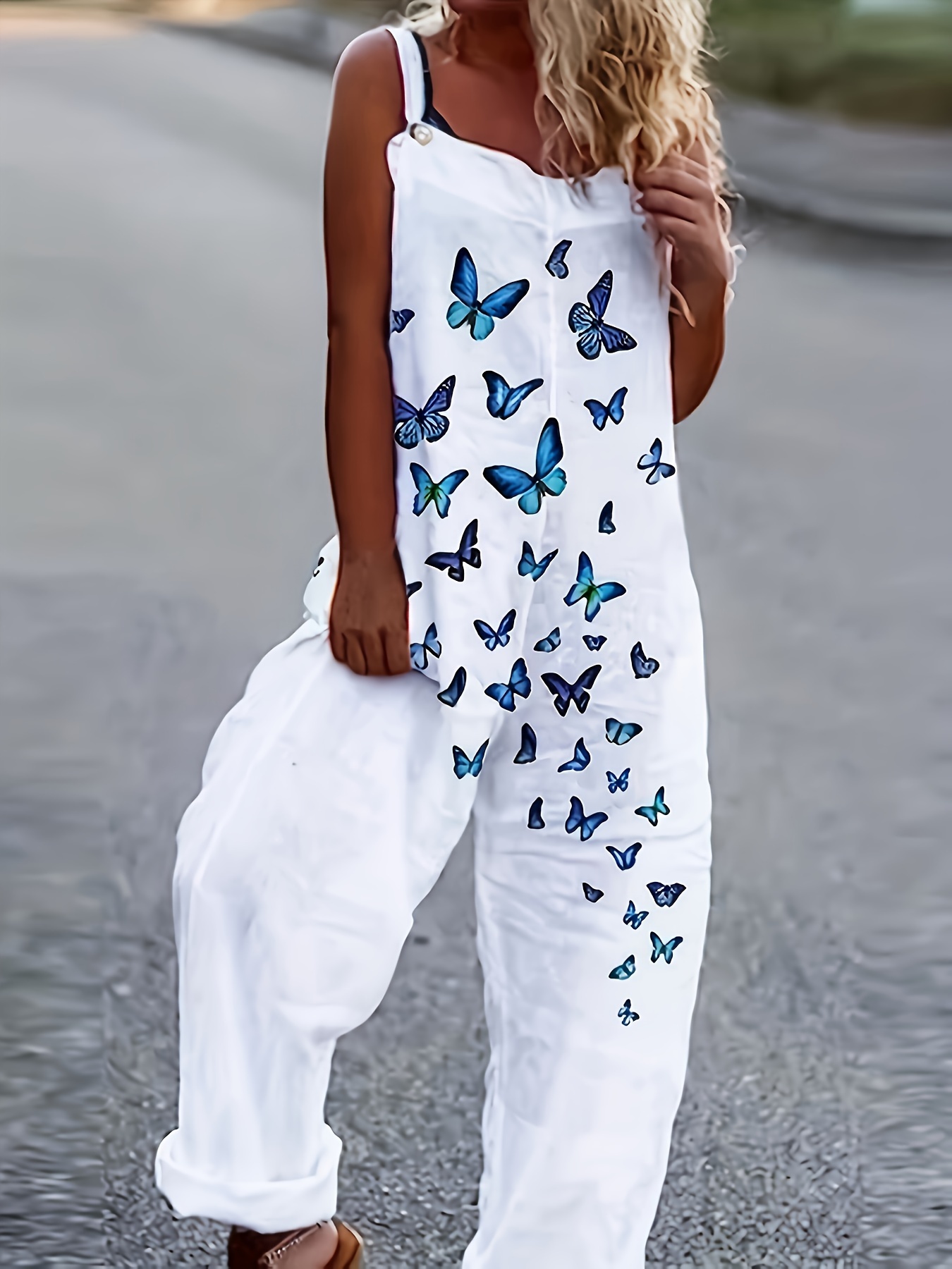 Women's Butterfly Print Fashionable Casual Jumpsuit, Square Neck Sleeveless Loose Fit Loungewear | IFYHOME