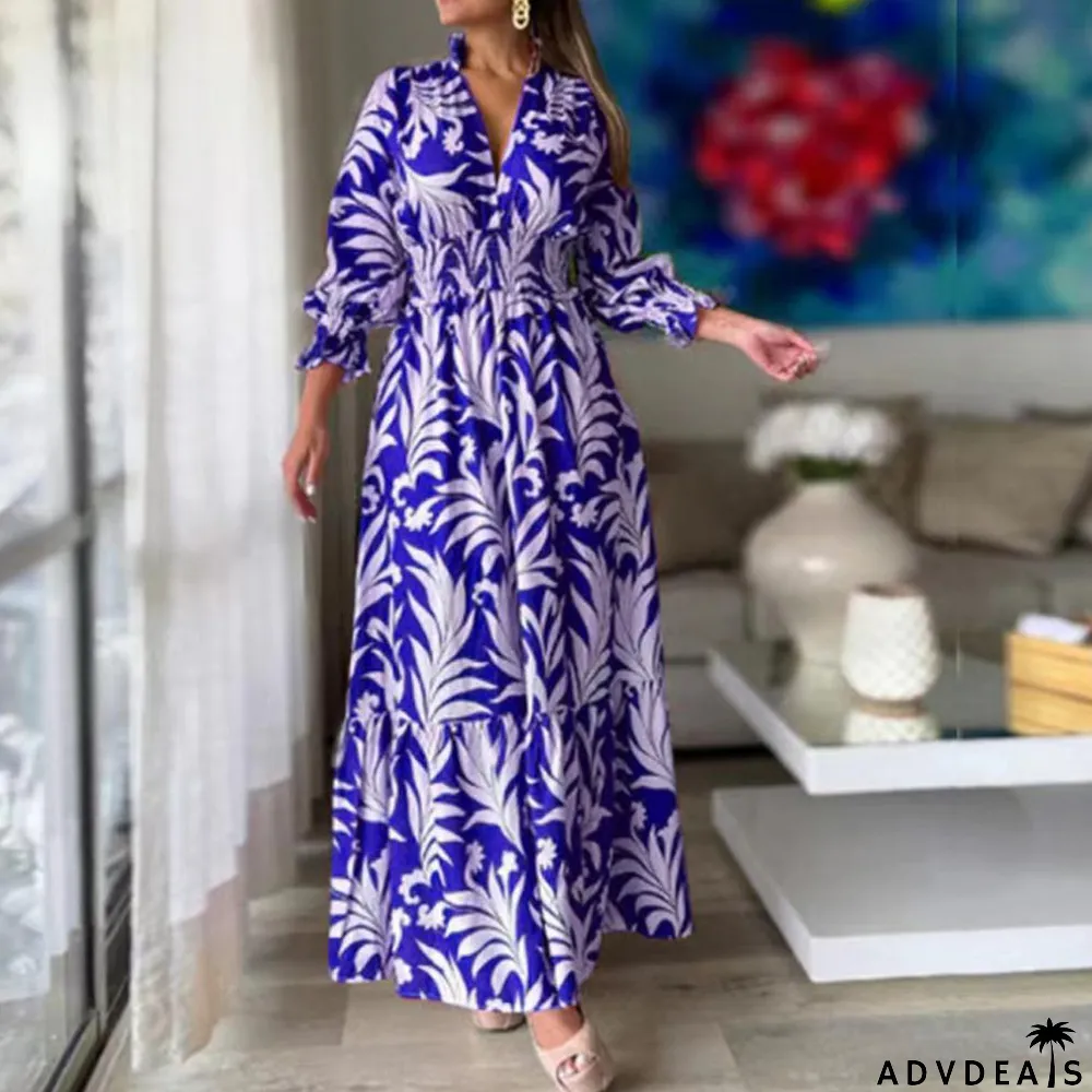 Women Spring Long Sleeve Bohemian Print Maxi Dress