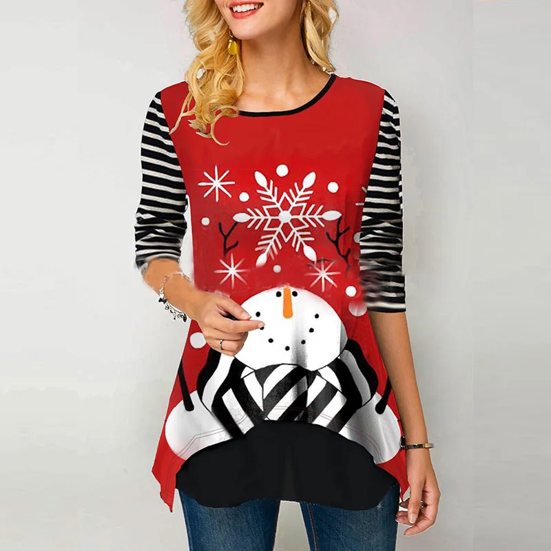 Lovely Snowman Print Color Block Striped Sleeves T-shirt