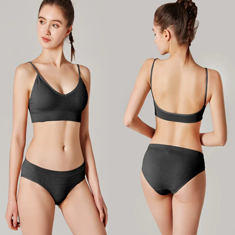 Billionm Backless Bras Set for Women Solid Color Briefs Sexy Bralette Low Wasit Panty Suit Female Comfortable Intimates Lingerie