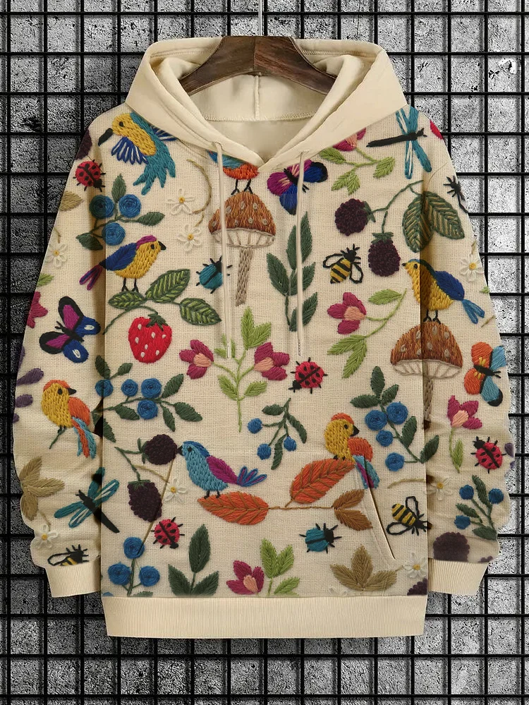 Men's Floral Insect Birds Plant Embroidery Pattern Print Hoodie
