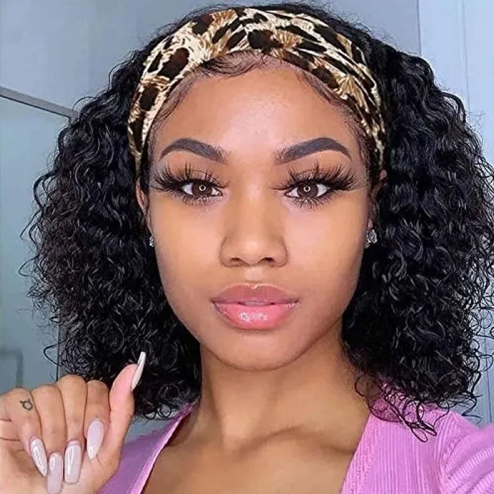Kinky Curly Headband Wig Human Hair Glueless Full Machine Made Brazilian Remy Human Hair Wigs 14 Inch Short Curly Wigs For Women US Mall Lifes