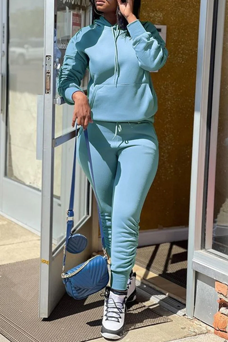 Light Blue Fashion Casual Solid Basic Hooded Collar Long Sleeve Two Pieces | EGEMISS