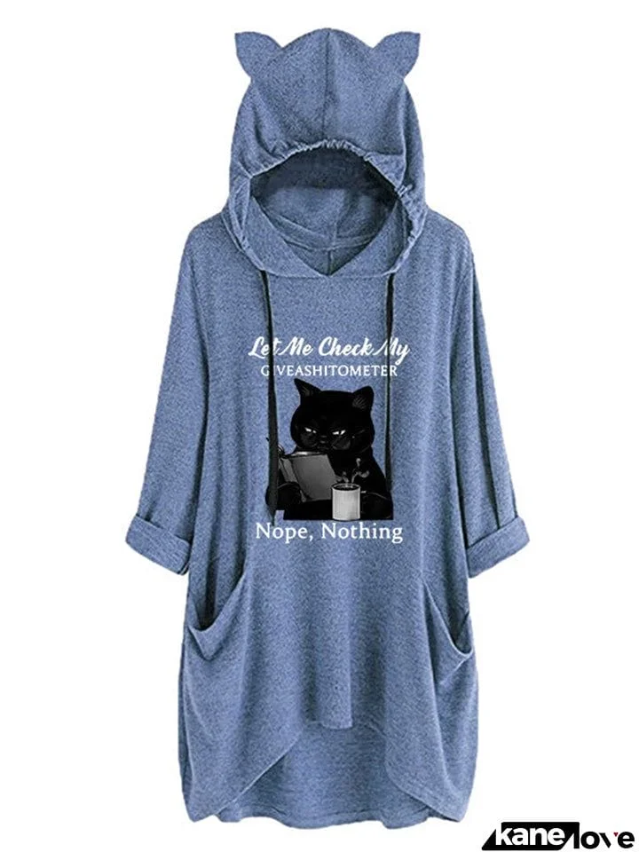 Pretty Printed Irregular Hem Cat's Ears Hoodies