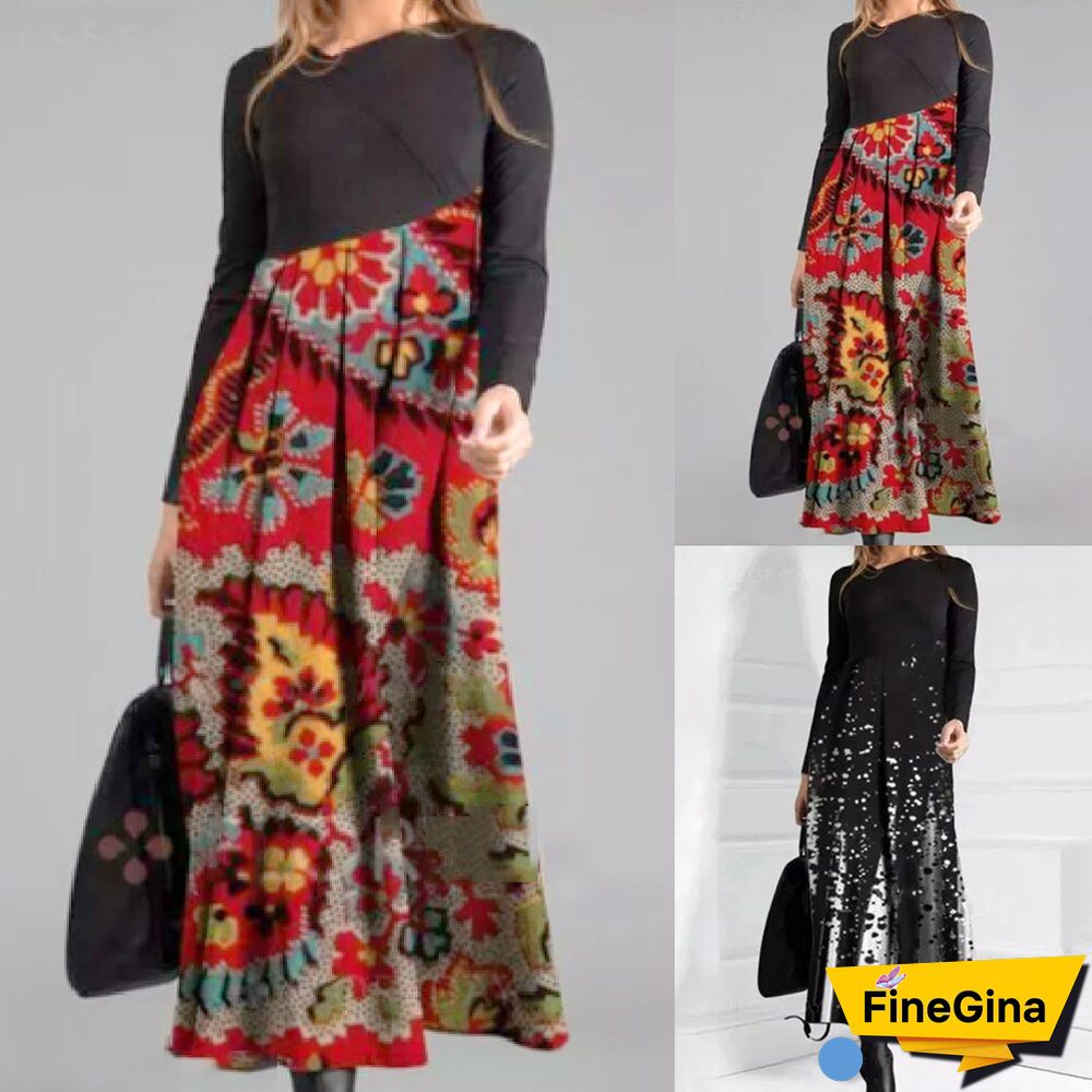 Elegant Pleated Patchwork Floral Print for Women Round Neck Midi Dress Pullover Long Sleeve Dresses Loose Streetwear Vestidos