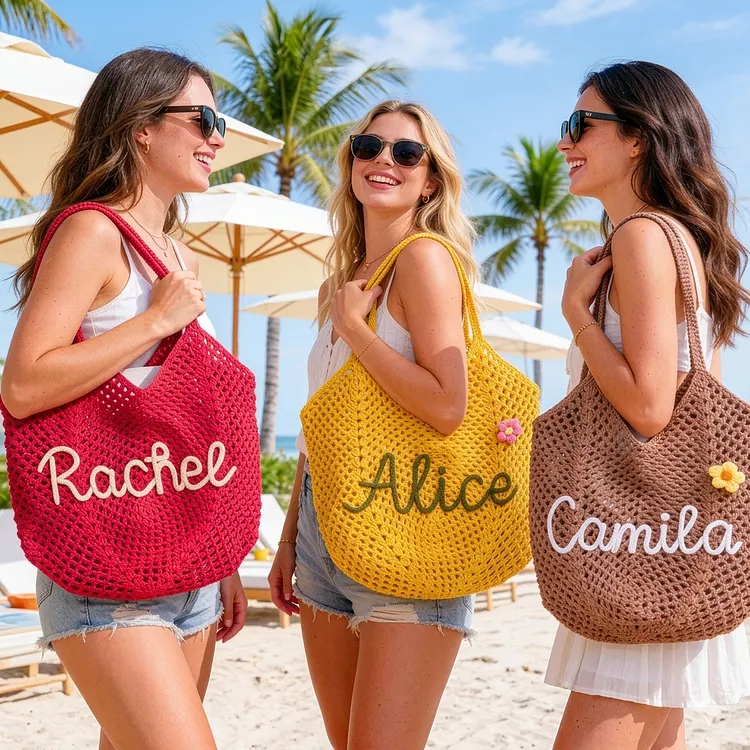 Personalised Straw Knitted Beach Bag and Crochet Tote - Unique Bridesmaid Gift Bags, Travel Wedding Favor, Bachelorette Trip Present