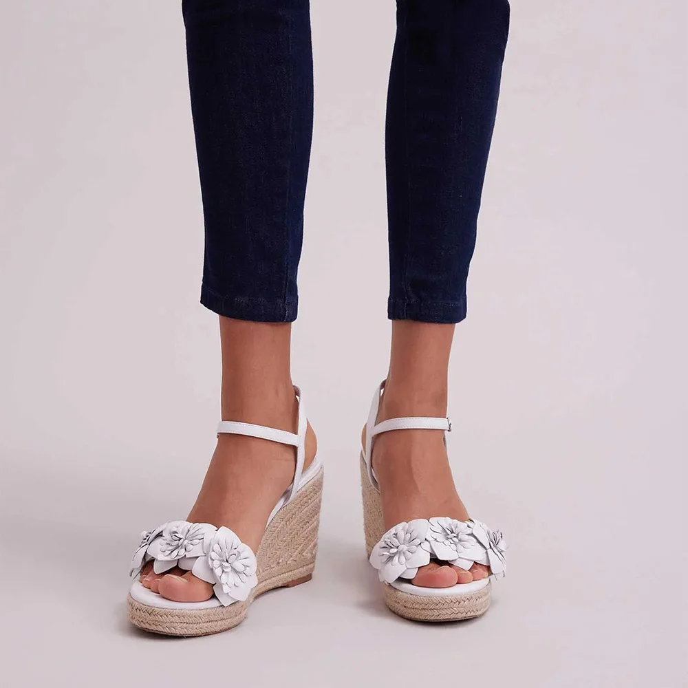 White Ankle Strap Open Toe Flower Decor Espadrille Wedge Sandals
