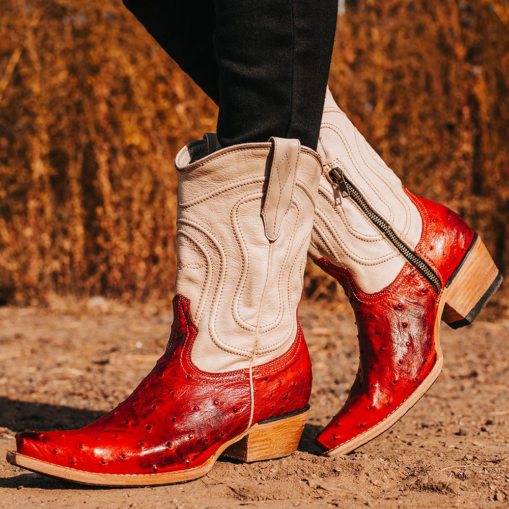 Red & Ivory Ostrich Embossed Snip Toe Cowgirl Boots with Chunky Heel Nicepairs