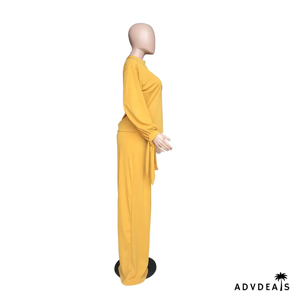 Autumn Solid Color Puff Sleeve Shirt and Loose Pants Set