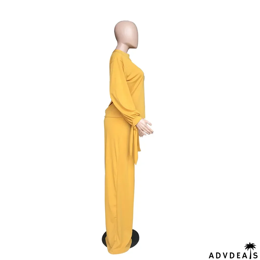 Autumn Solid Color Puff Sleeve Shirt and Loose Pants Set