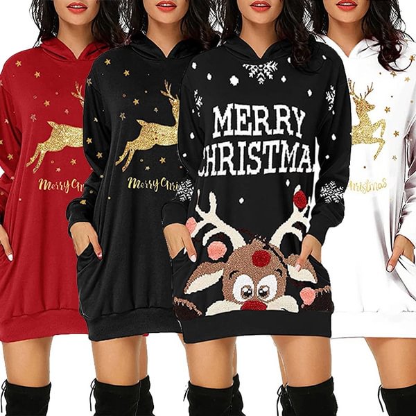 Women's Fashion Long Sleeve Hoodies Christmas Deer Printed Slim Long Pollovers Casual Hoodies Dress Plus Size S-3Xl - BlackFridayBuys