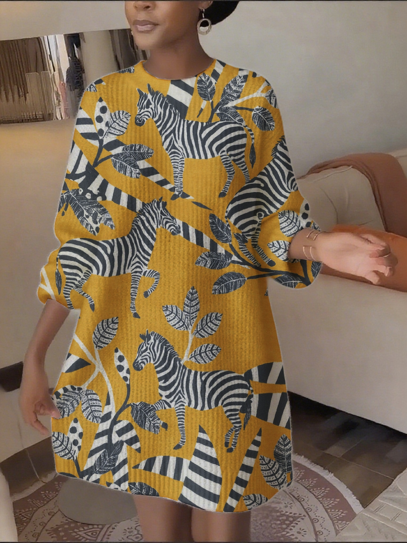 Women's Mustard-Yellow & Black Stripe Sweater Dress - -Over nimal Print Cardigan Dress, Round Neck Long Sleeve Casual to Semi-Formal Outfit, Dresses For Women, Dress For Women Plus Size, Womens Clothes, Plus Size Rompers For Curvy Women | IFYHOME