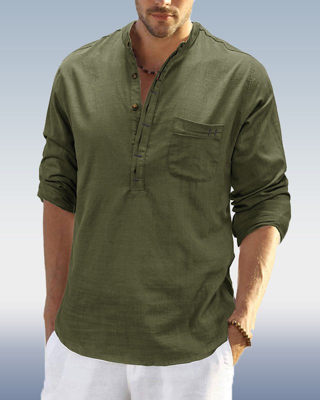 - Men's Cotton Linen Long Sleeve Shirt With Pockets 0193