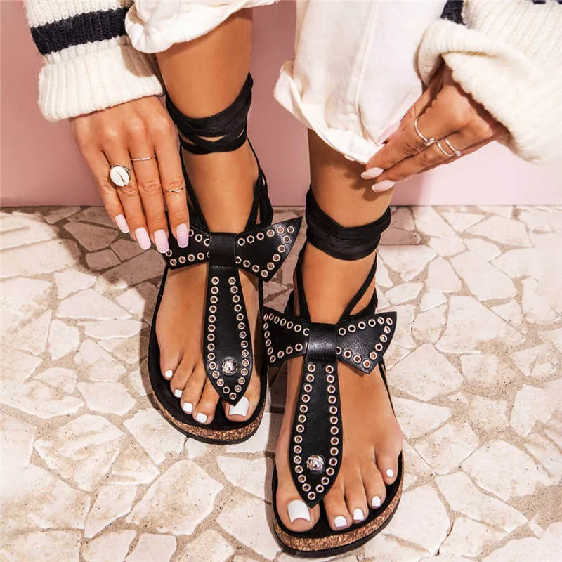 2020 Women Summer Rivet Sandals Flats Shoes Woman Bohemia Beads Flowers Cross Lace Deco Sandalias Mujer Sapato Feminino D604