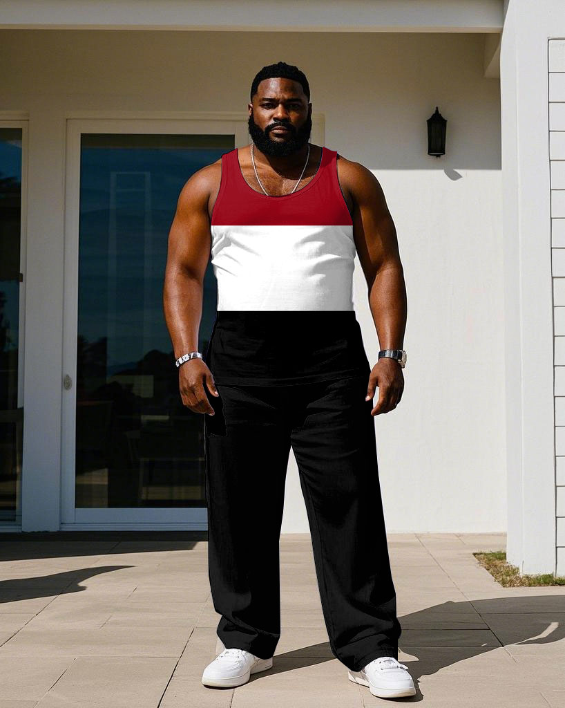 Men's Plus Size Casual White & Black & Red Colorblock Tank Trousers Suit