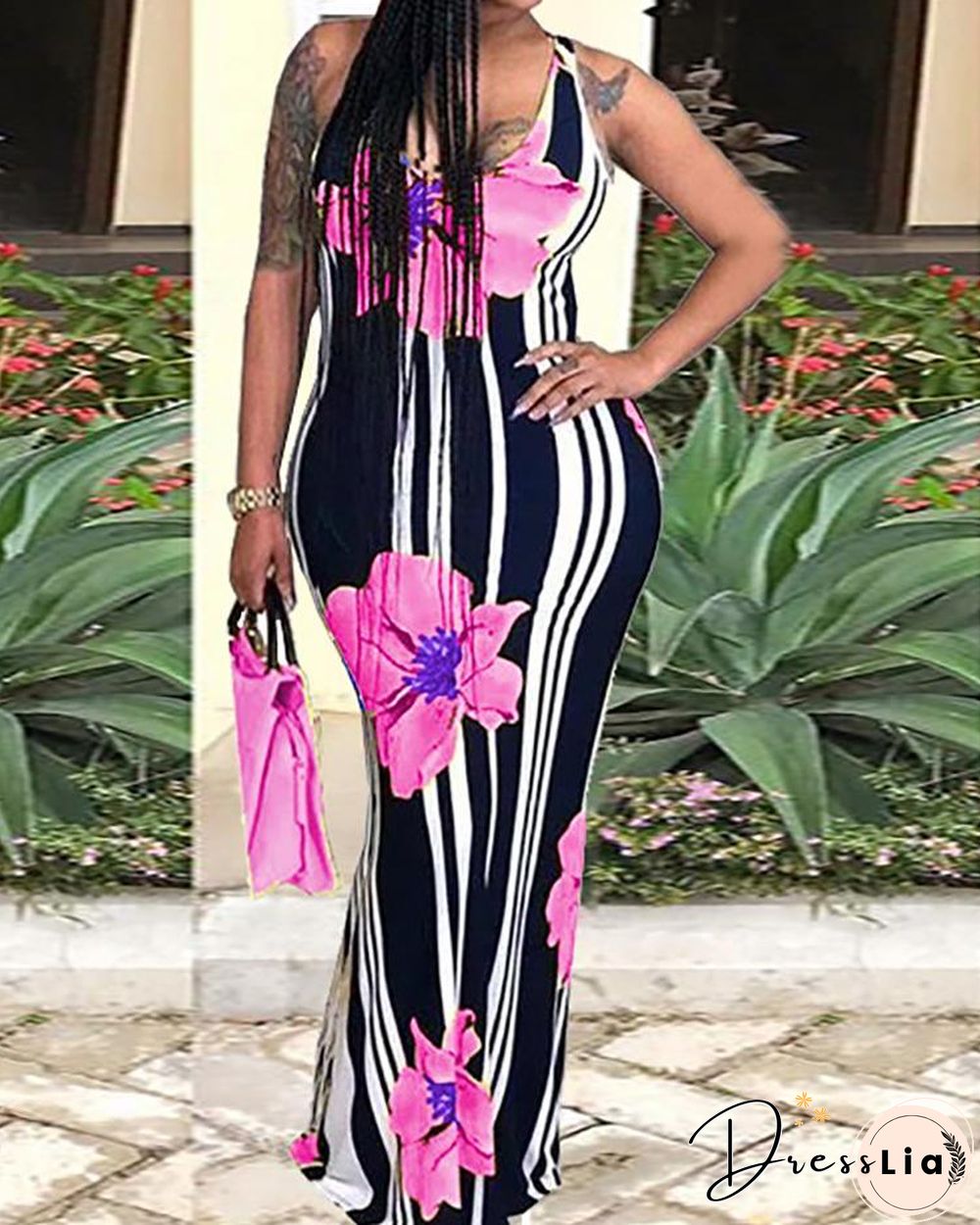 Sexy Floral Print Striped Bodycon Maxi Dress
