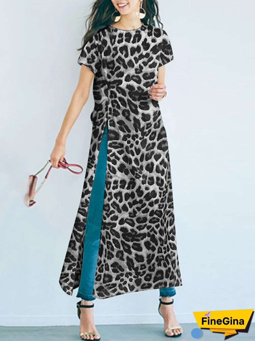 Leopard Split Twist Round Neck Short Sleeve Casual T-Shirt