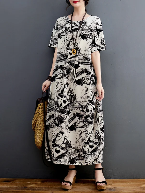 Half Sleeves Loose Abstract Printed Round-Neck Midi Dresses