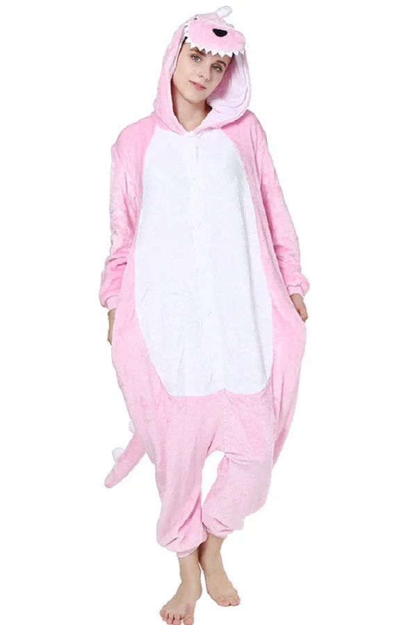 Cute Flannel Pajamas Halloween Dinosaur Jumpsuit Costume Pink-elleschic