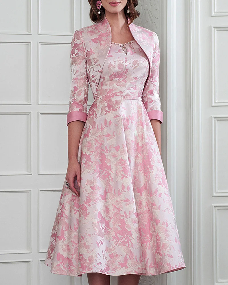 Elegant printed brocade midi dress