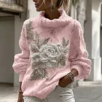 Women's Vintage White Rose Chunky Knit Turtleneck Sweater - Image 4