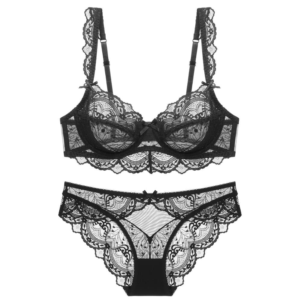 New Plus Size B C D E Cup Bra Set Sexy Lace Ultrathin Women Underwear Summer Transparent Bras and Panties 85E 90C 95D Lingerie