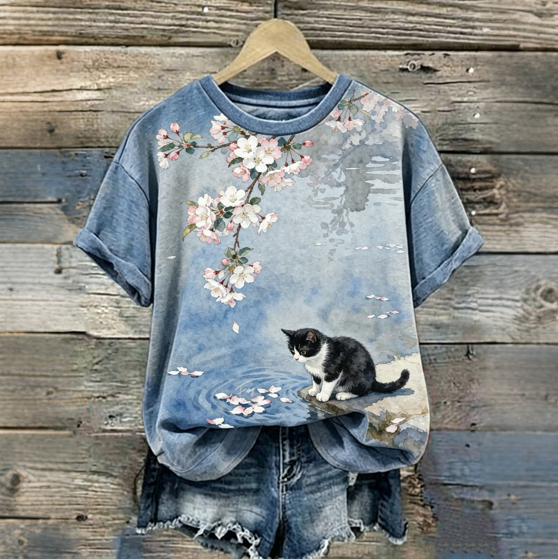 Comstylish Retro Cute Cat And Cherry Blossom Pattern Casual T-shirt