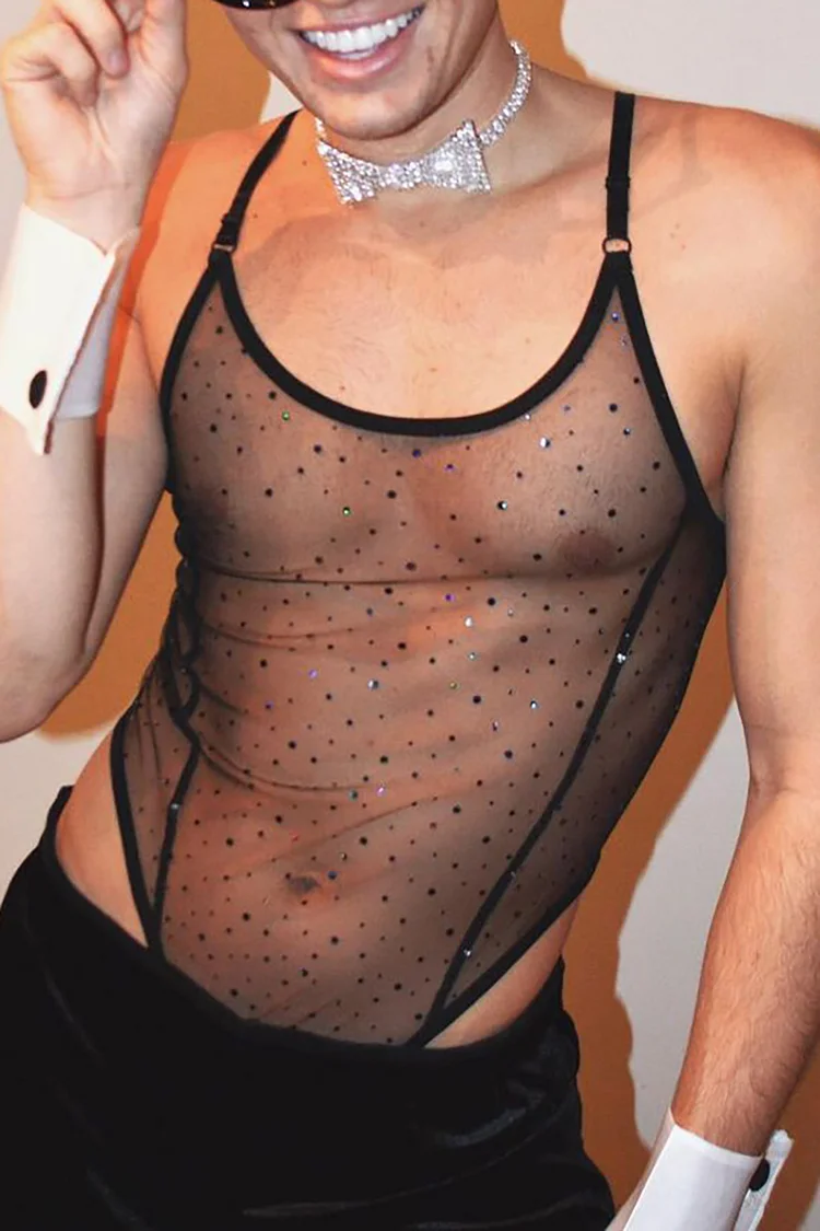 Glitter Mesh See Through U-Neck Sleeveless Bodysuit 