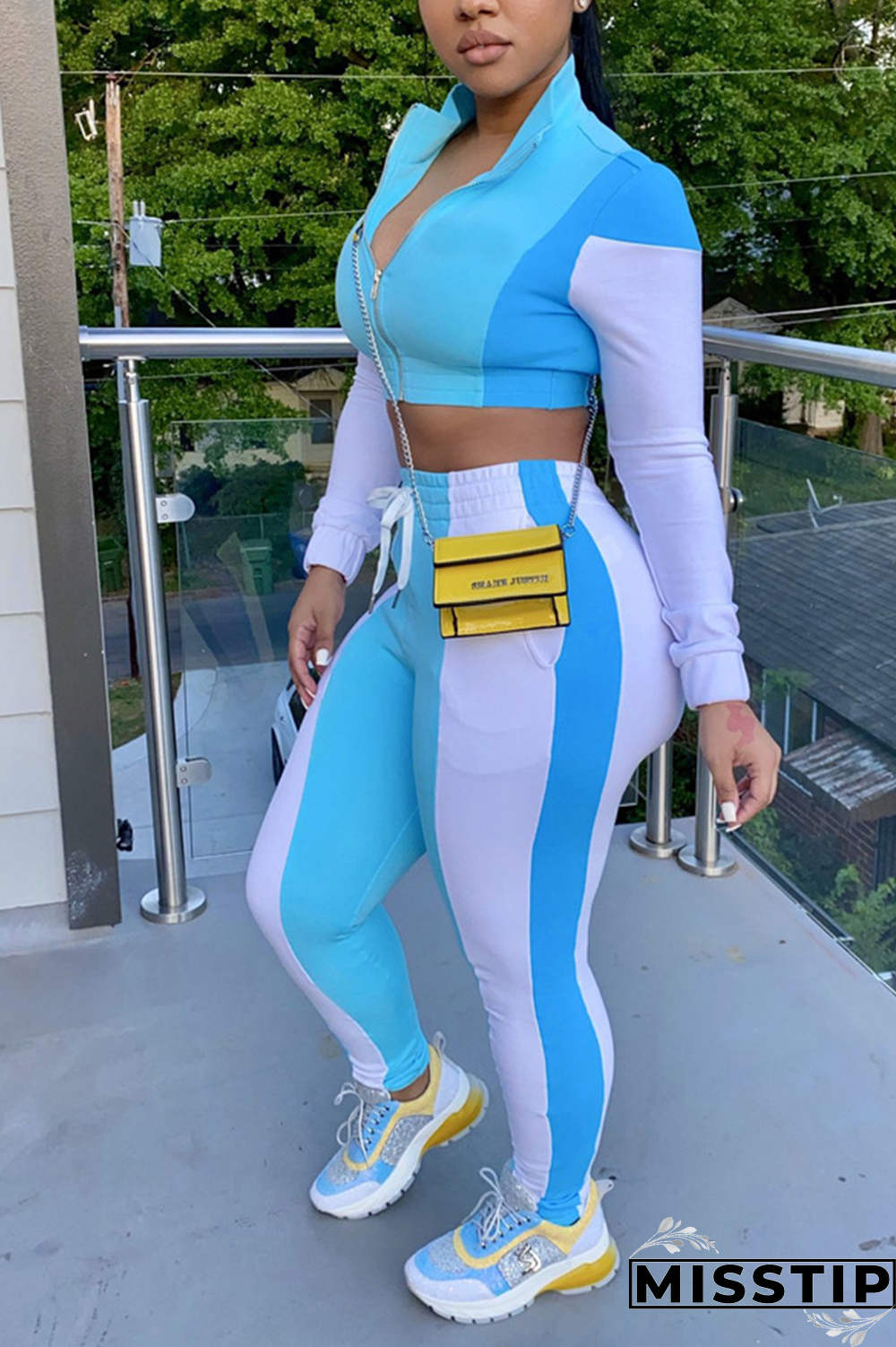 Black Casual Patchwork Zipper Collar Long Sleeve Two Pieces