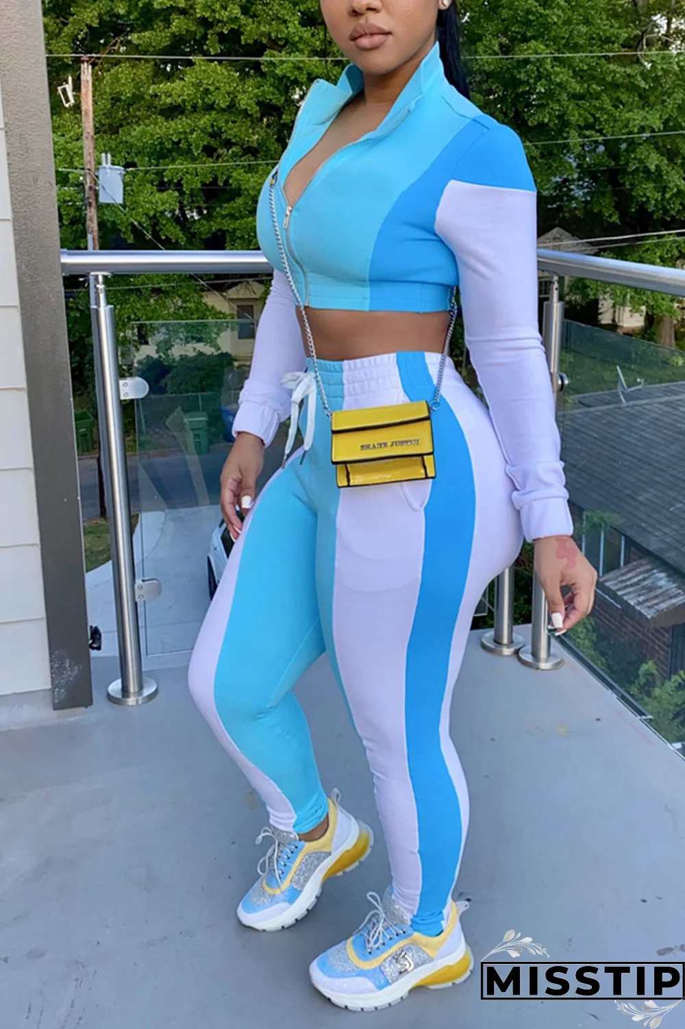 Black Casual Patchwork Zipper Collar Long Sleeve Two Pieces