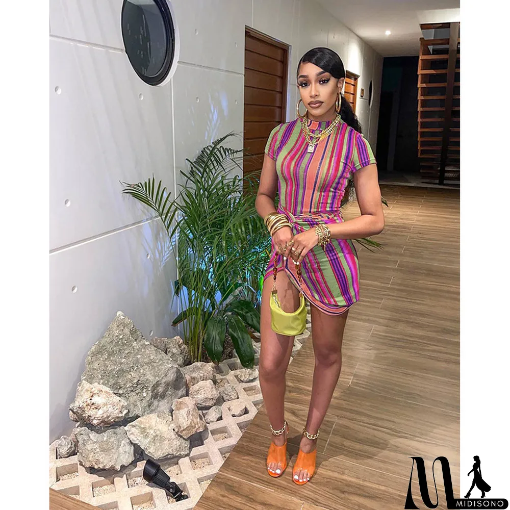 MidiSono - Casual Simple Color Striped Print Sexy Dress