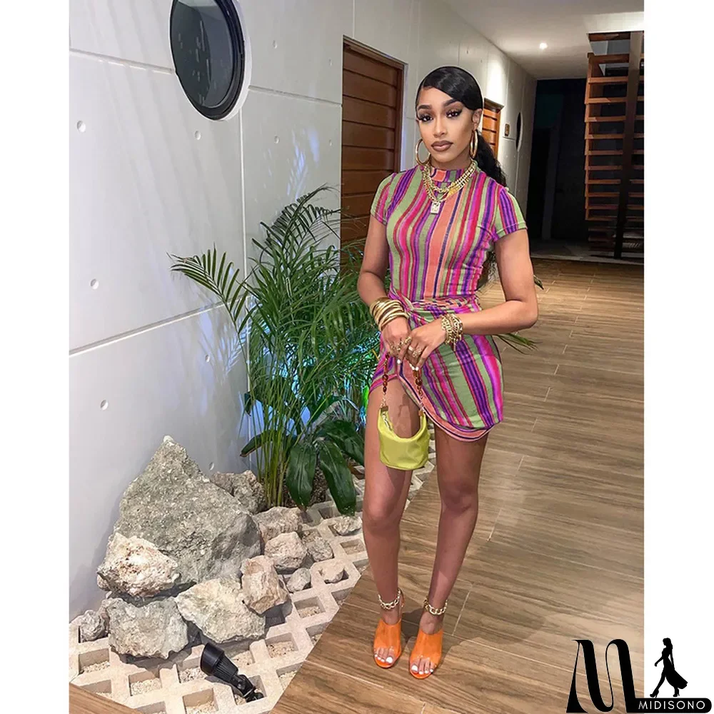 MidiSono - Casual Simple Color Striped Print Sexy Dress