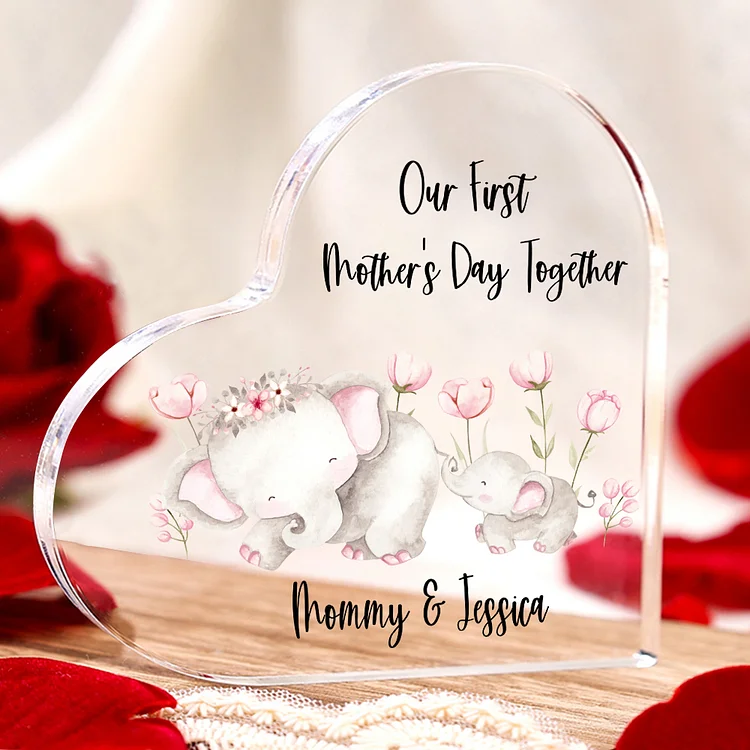 Our First Mother's Day Together - Personalized Text Acrylic Heart Keepsake Cute Elephants Ornaments