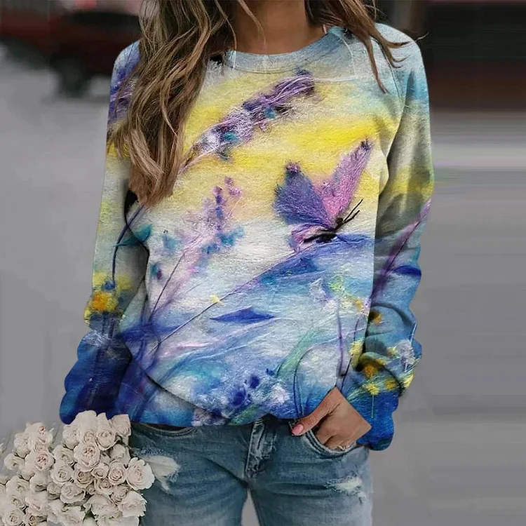 Wearshes Casual Floral Butterfly Art Print Round Neck Sweatshirt