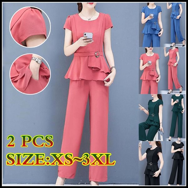 Summer 2 Two Piece Sets Outfits Women Plus Size Short Sleeve Tunics Tops And Pants Suits Office Elegant Korean Sets - Shop Trendy Women's Fashion | TeeYours