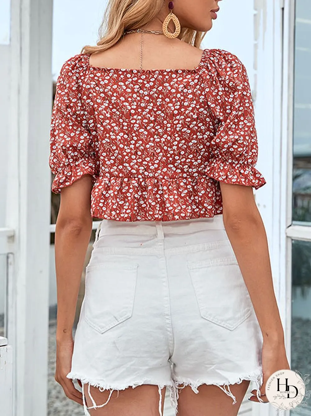 Allover Floral Print Bowknot Puff Sleeve V-neck Crop Top