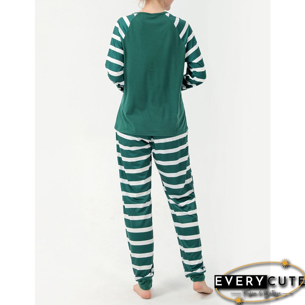 Green Striped Graphic Print Cotton Blend Lounge Set