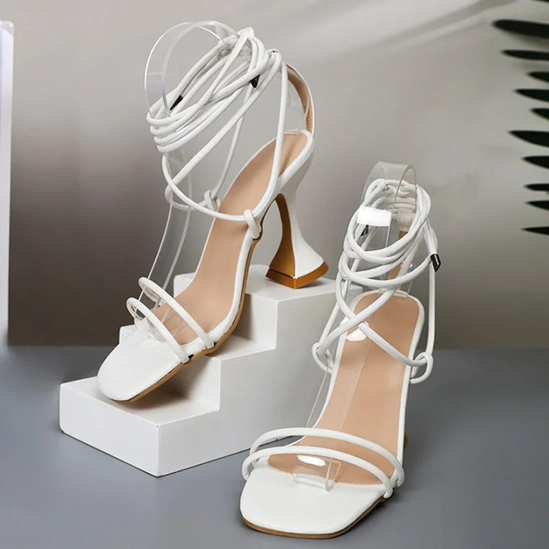 Women Sandals Summer Slides Square Toe Shoes Strange Style Ladies Ankle Strap Tie Leg Female Pumps Fashion Women's 2021 Shoe