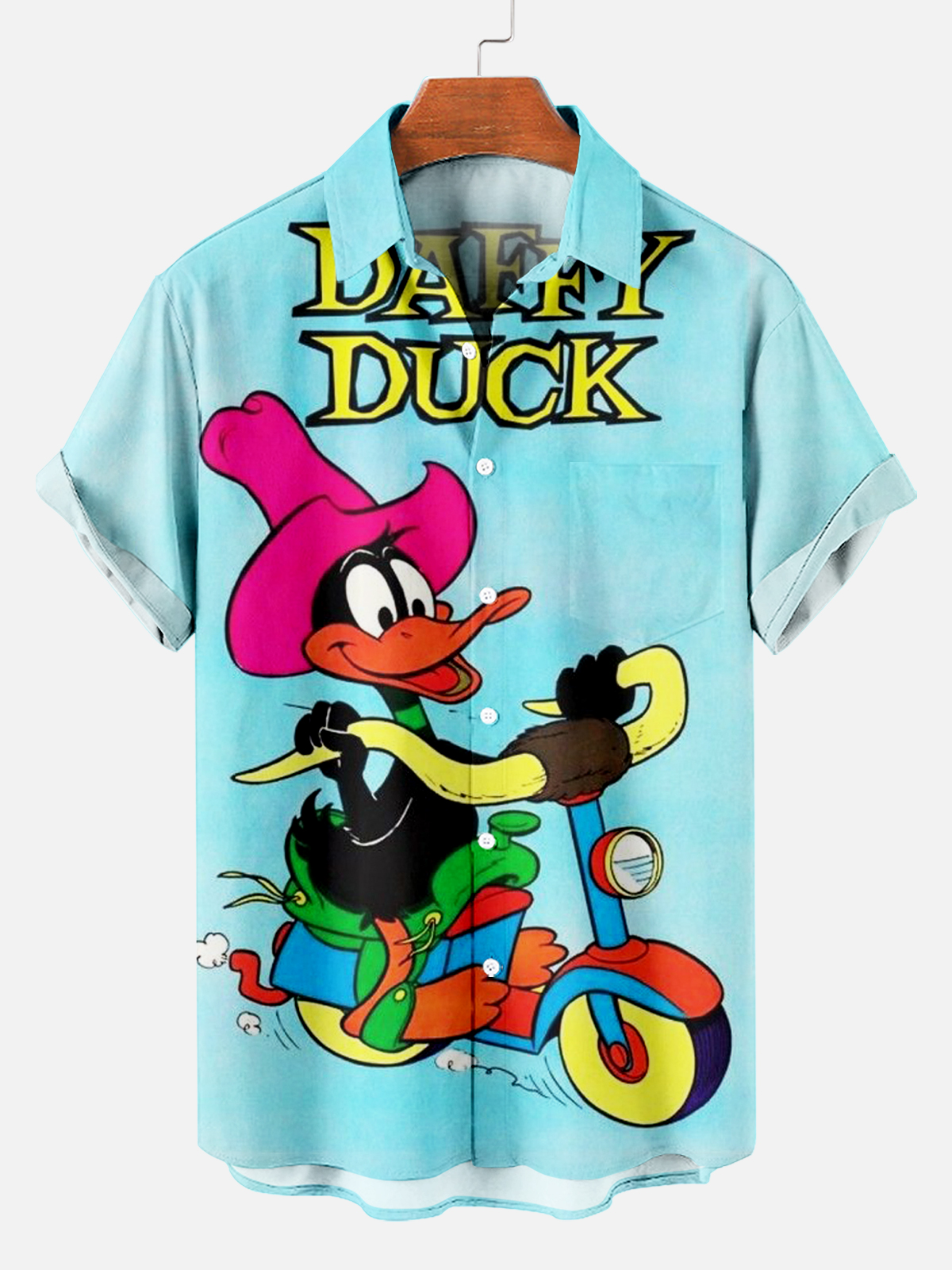 Retro Cartoon Western Duck Short Sleeve Chest Pocket Shirt PLUSCLOTHESMAN