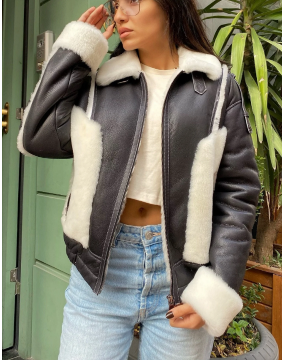 Real lamb fur and leather bomber.Black and White Genuine fur. Warm and lightweight. Luxurious gift for her..130