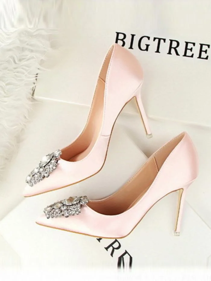 Sexy stiletto high heel shallow pointed toe rhinestone buckle single shoes